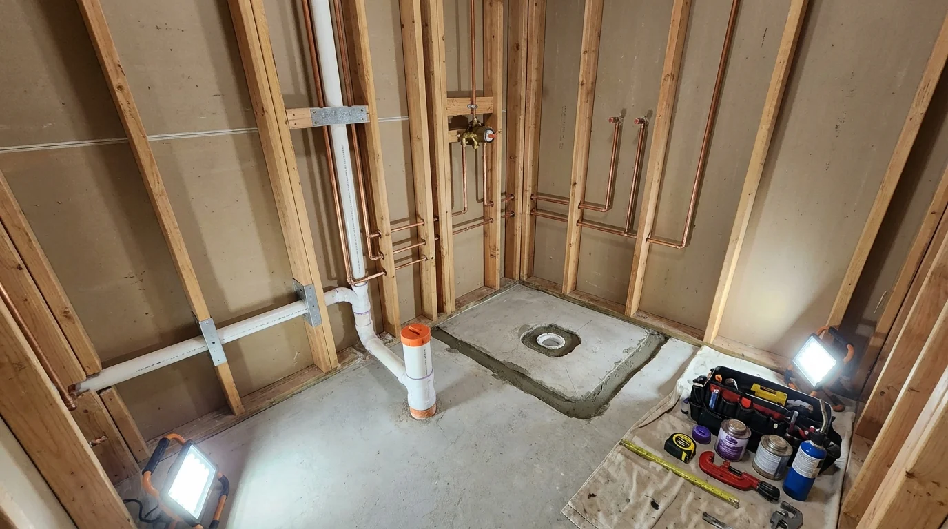 Bathroom rough-in plumbing during remodel by Johns Plumbing LLC in Swanton