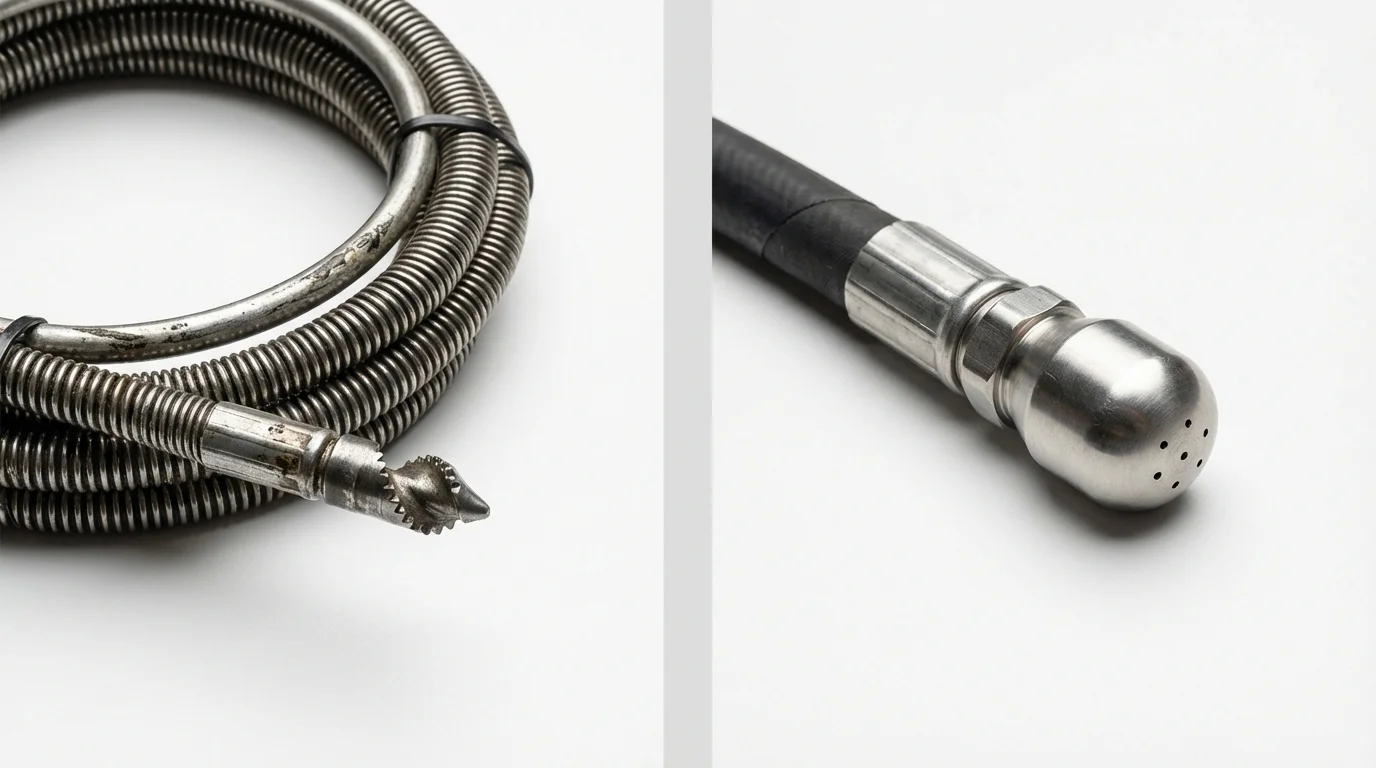 Drain snake cable and hydro jetting nozzle used for drain cleaning in Swanton, OH