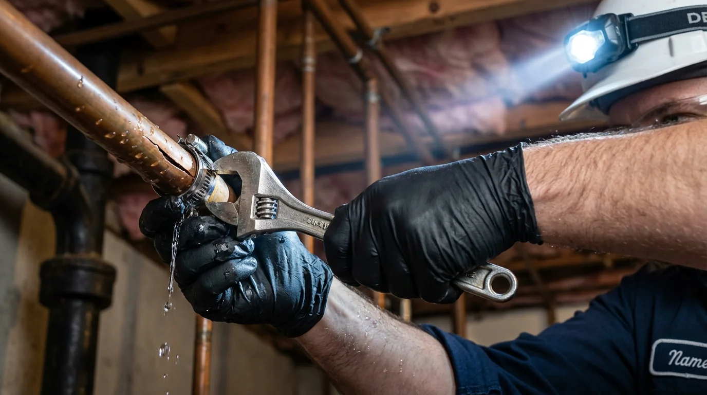 Emergency pipe clamp repair being performed by a Johns Plumbing LLC plumber in Swanton
