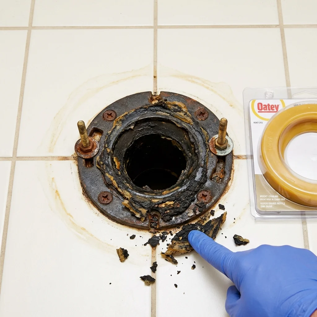 Failed wax ring showing water seepage at the base of a toilet in a Swanton, OH home
