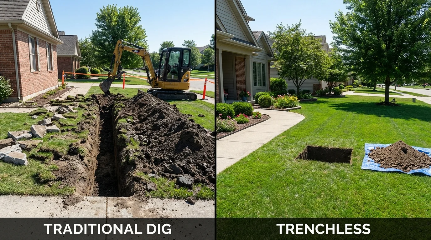 Trenchless sewer repair with minimal yard damage versus traditional excavation in Swanton, OH