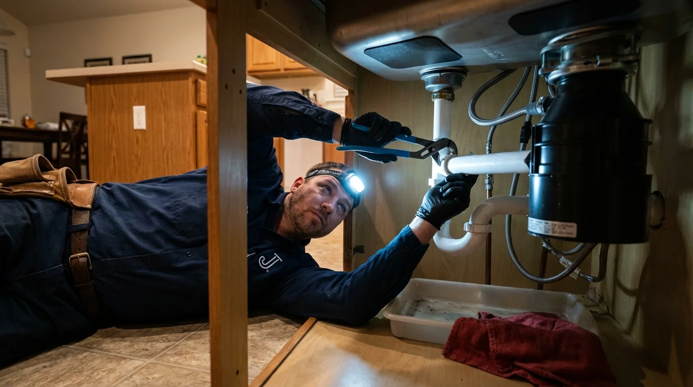 P-trap and supply line connections under a kitchen sink showing a common leak point in Swanton, OH